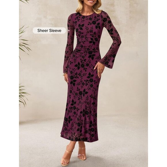 Zesica Women's LMauve Ruched Mesh Long Sleeve Floral Bodycon Cocktail Dress - Picture 2 of 6